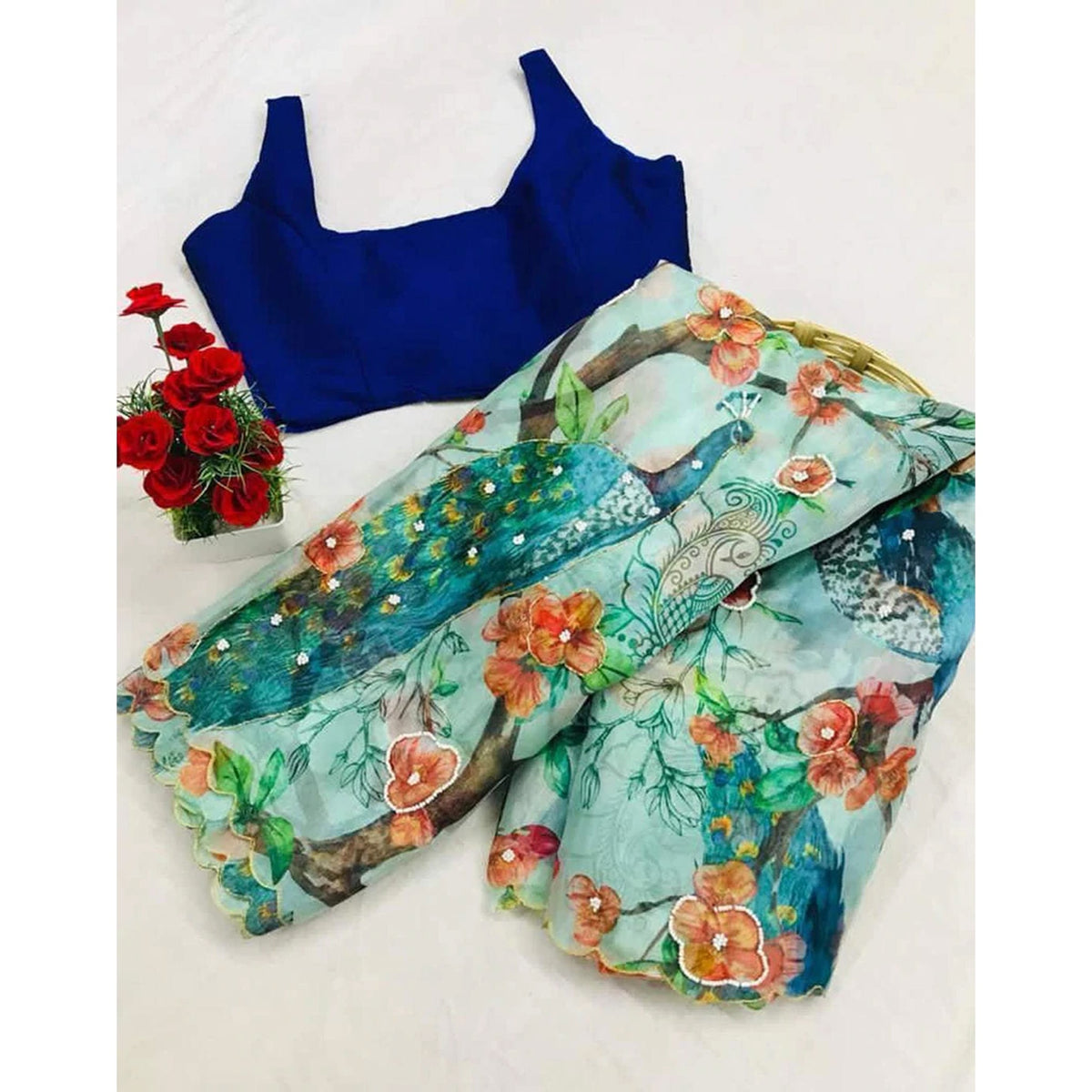 Shopesy Organza Silk Digital Print Saree with Blouse for Wedding and Party