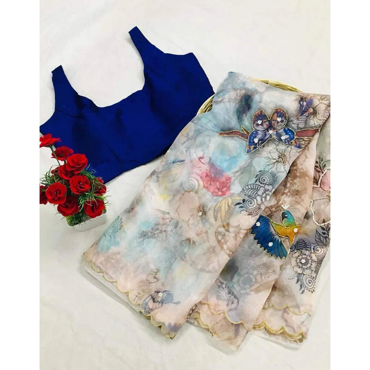 Shopesy Organza Silk Digital Print Saree with Blouse for Wedding and Party
