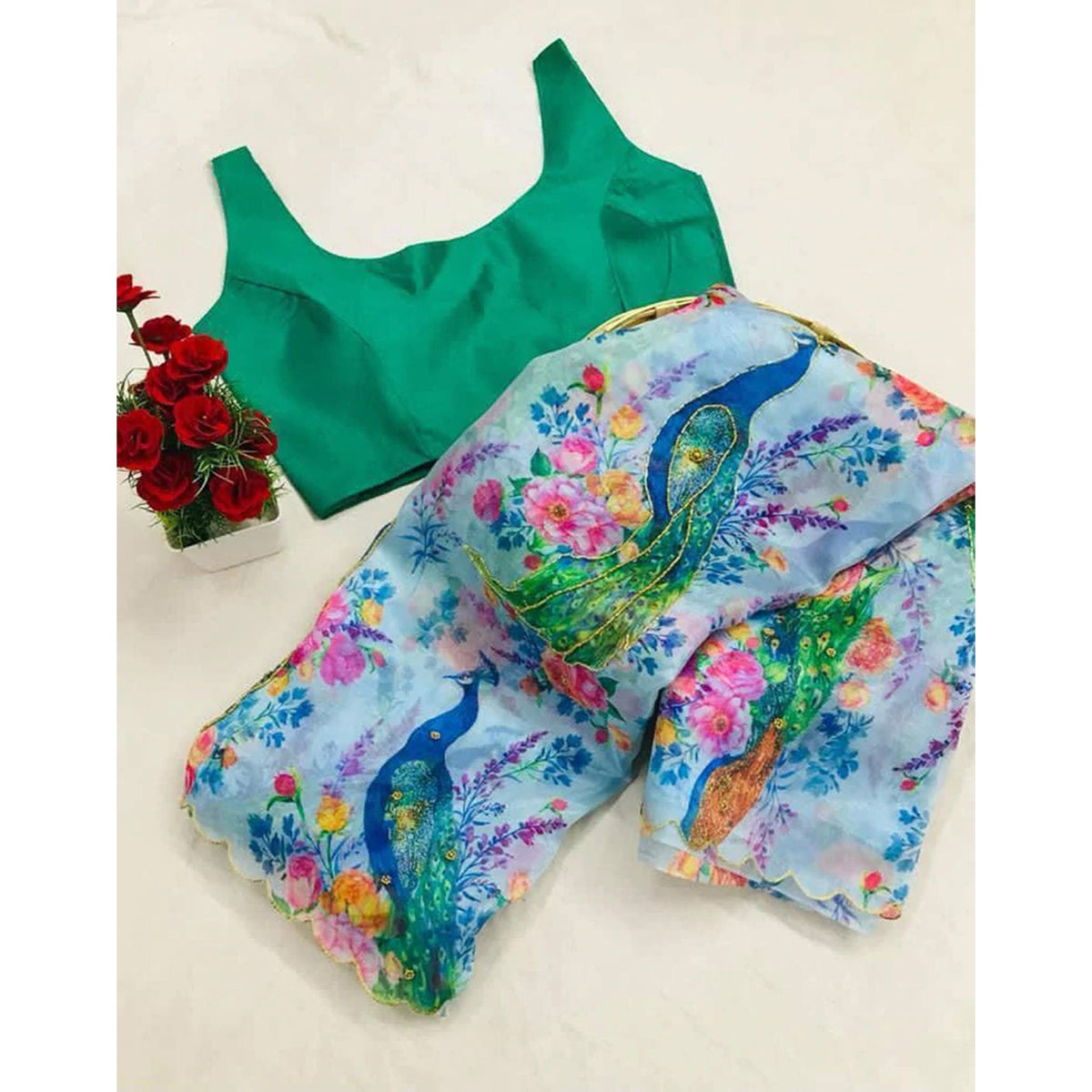 Shopesy Organza Silk Digital Print Saree with Blouse for Wedding and Party