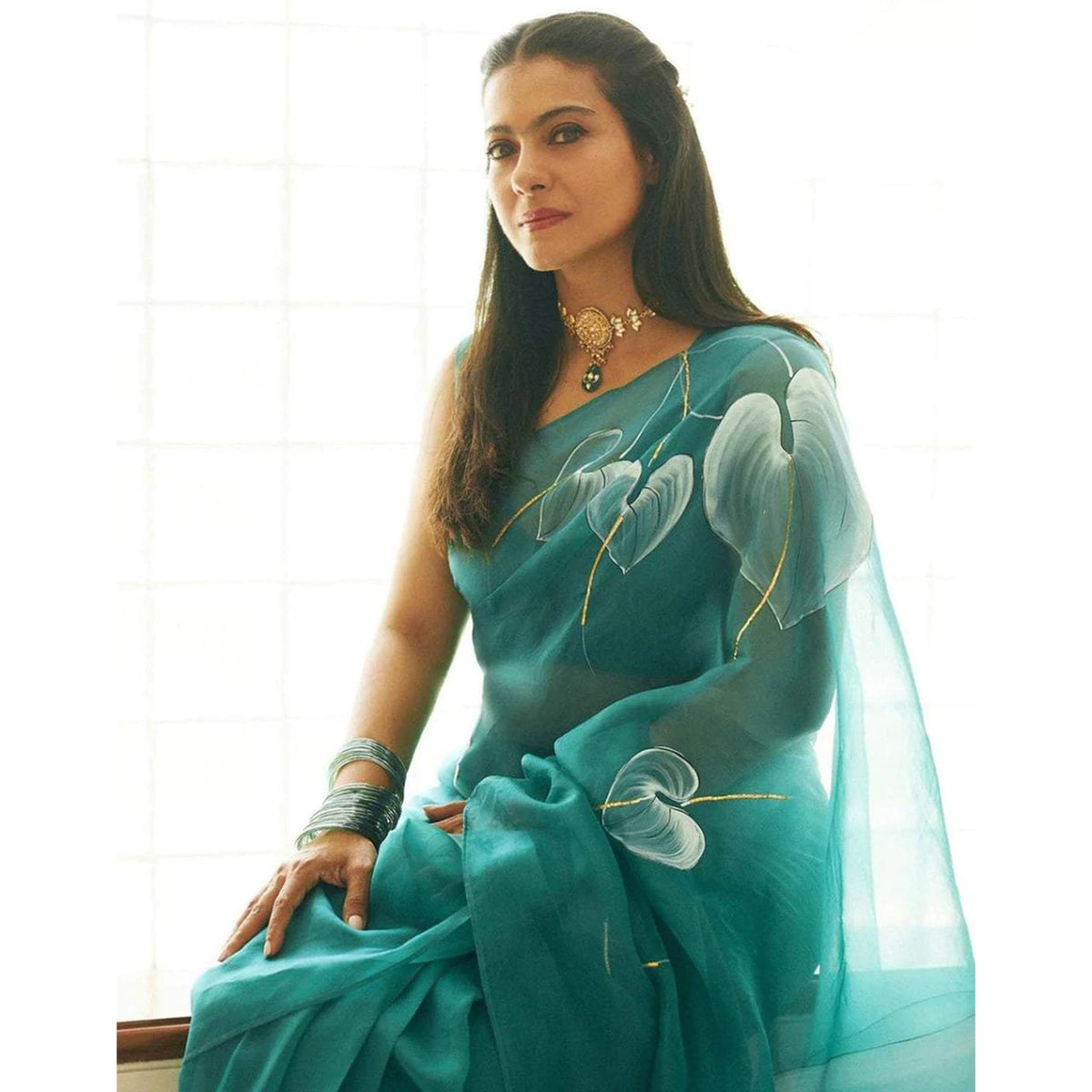 Shopesy Organza Silk Saree with Beautiful Blue Aqua Digital Print Handwork and Silk Blouse for Wedding