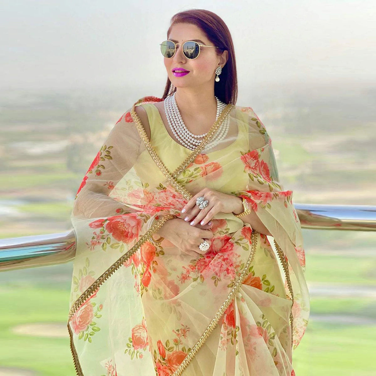 Shopesy Organza Silk Saree with Beautiful Floral Digital Print and Silk Blouse for Wedding