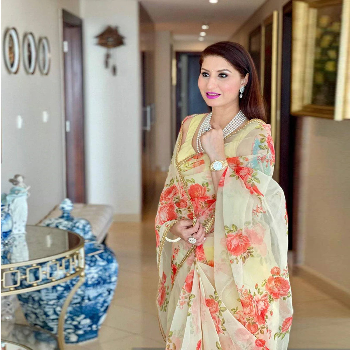Shopesy Organza Silk Saree with Beautiful Floral Digital Print and Silk Blouse for Wedding