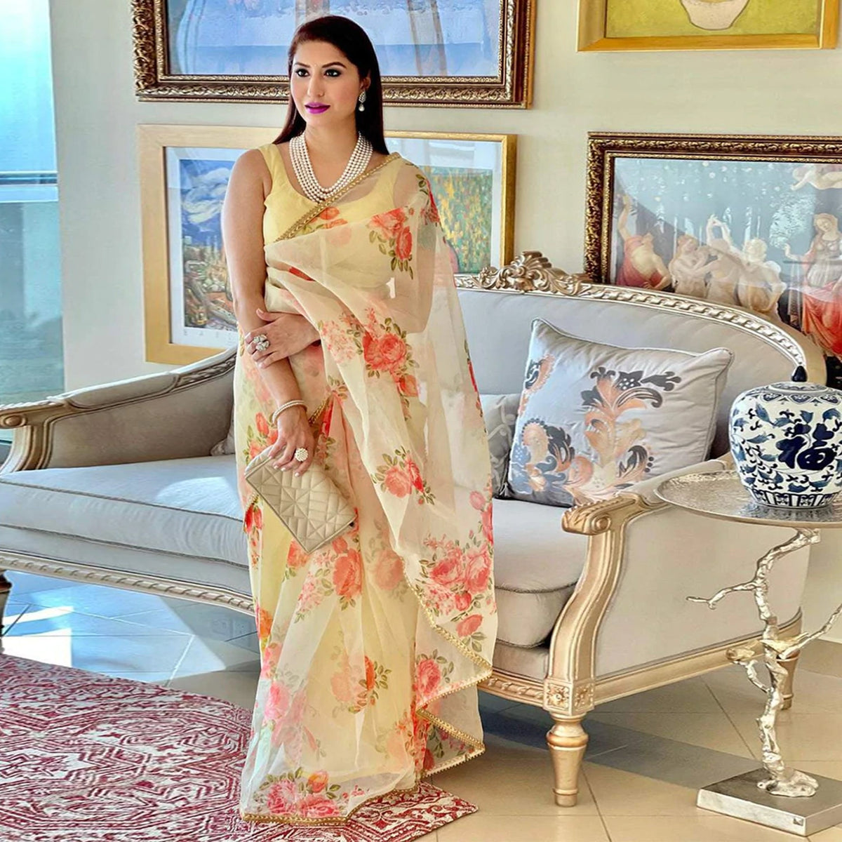 Shopesy Organza Silk Saree with Beautiful Floral Digital Print and Silk Blouse for Wedding