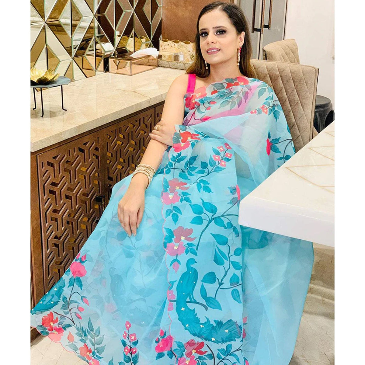 Shopesy Organza Silk Saree with Beautiful Floral Digital Print Handwork and Pink Silk Blouse for Wedding