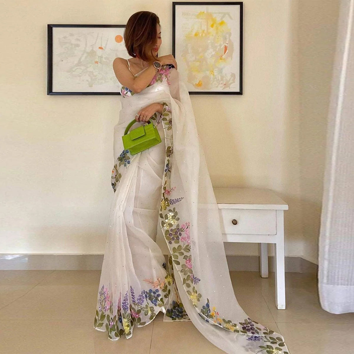 Shopesy Organza Silk Saree with Beautiful Floral Handprint Touch ups with Kardana and Silk Blouse for Wedding