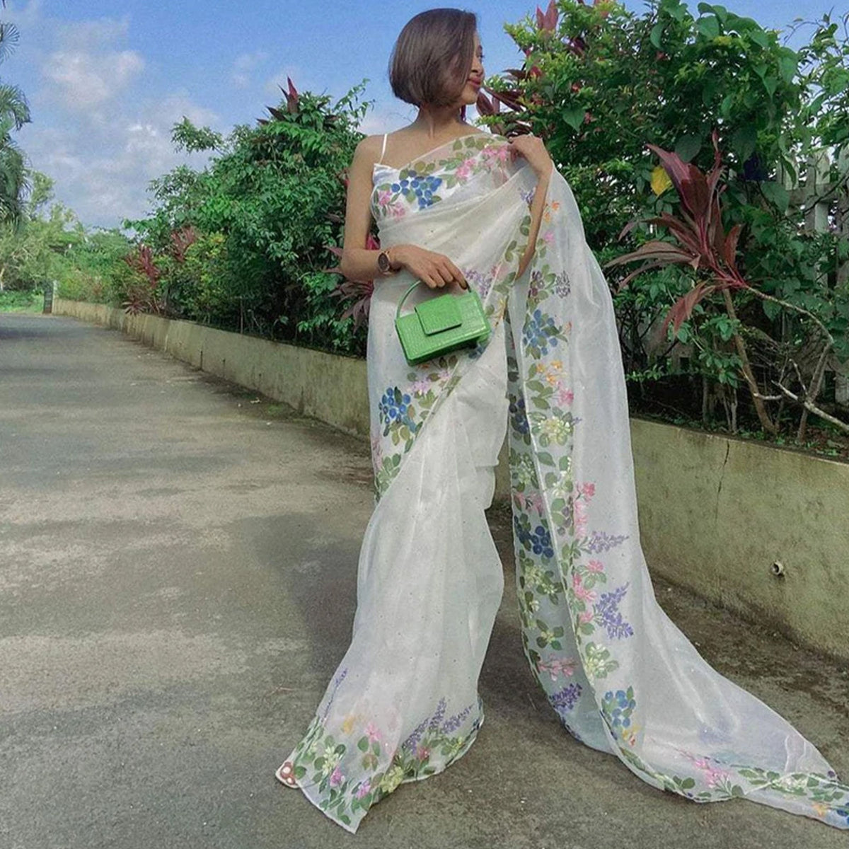 Shopesy Organza Silk Saree with Beautiful Floral Handprint Touch ups with Kardana and Silk Blouse for Wedding