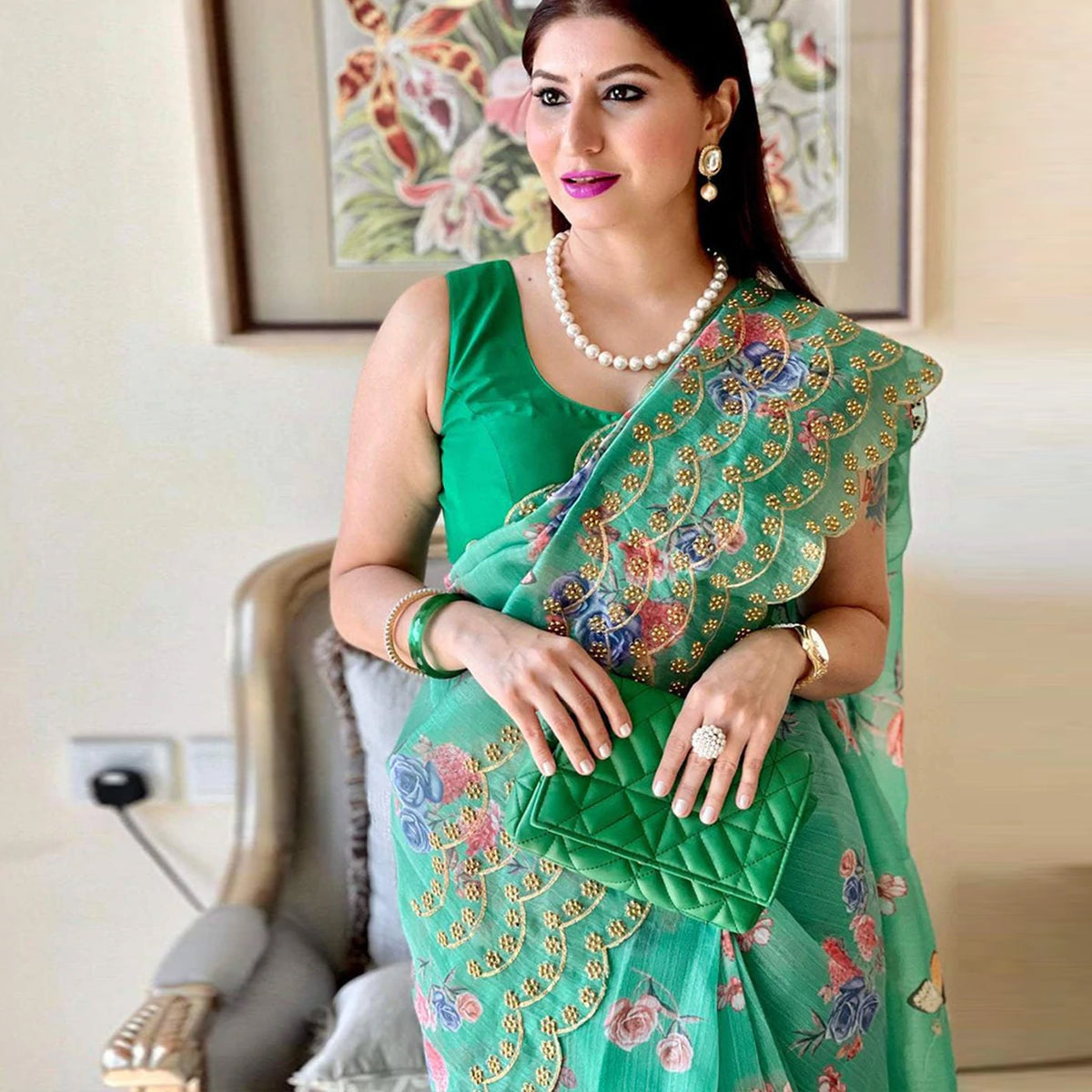 Shopesy Organza Silk Saree with Beautiful Green Floral Digital Print and Silk Blouse for Wedding