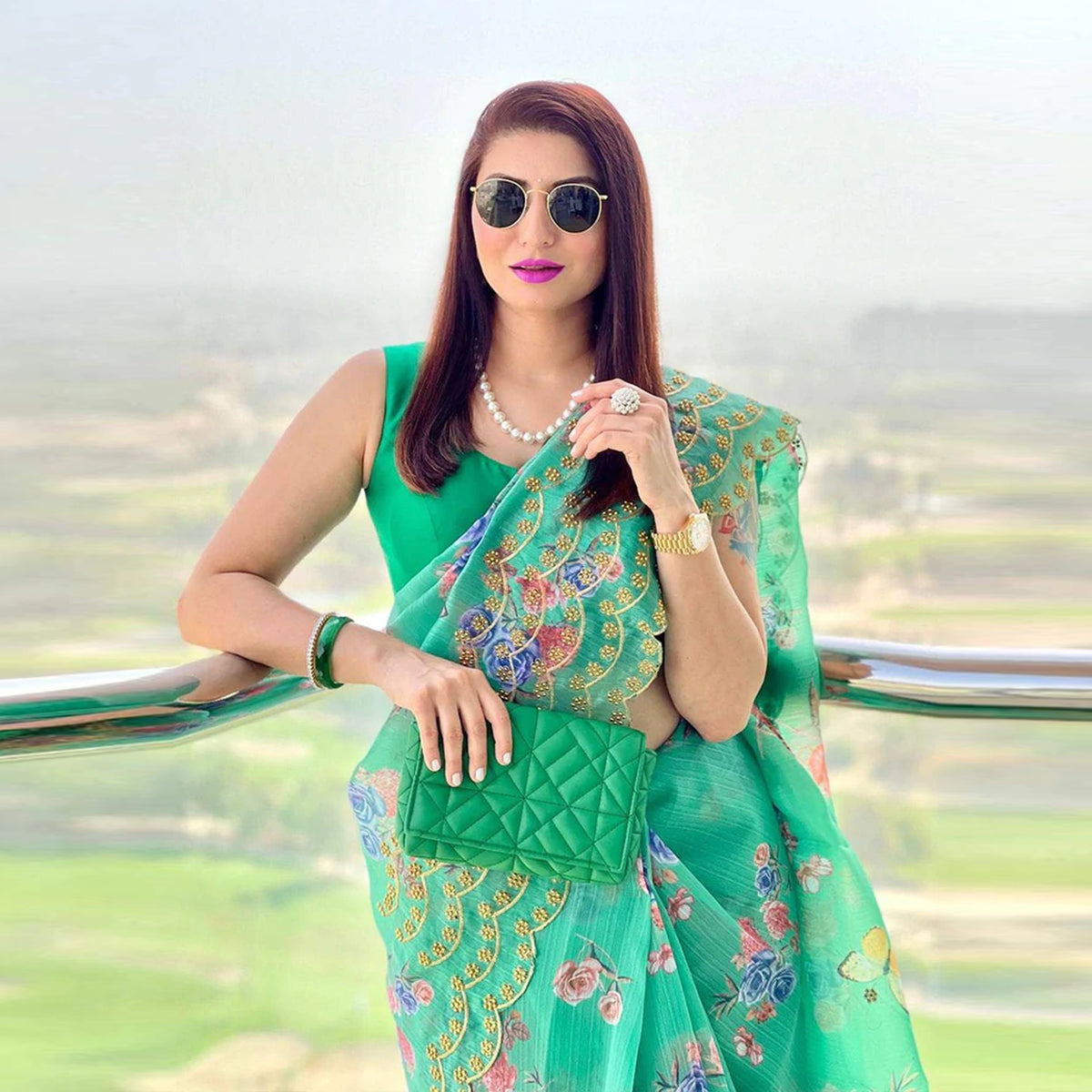 Shopesy Organza Silk Saree with Beautiful Green Floral Digital Print and Silk Blouse for Wedding
