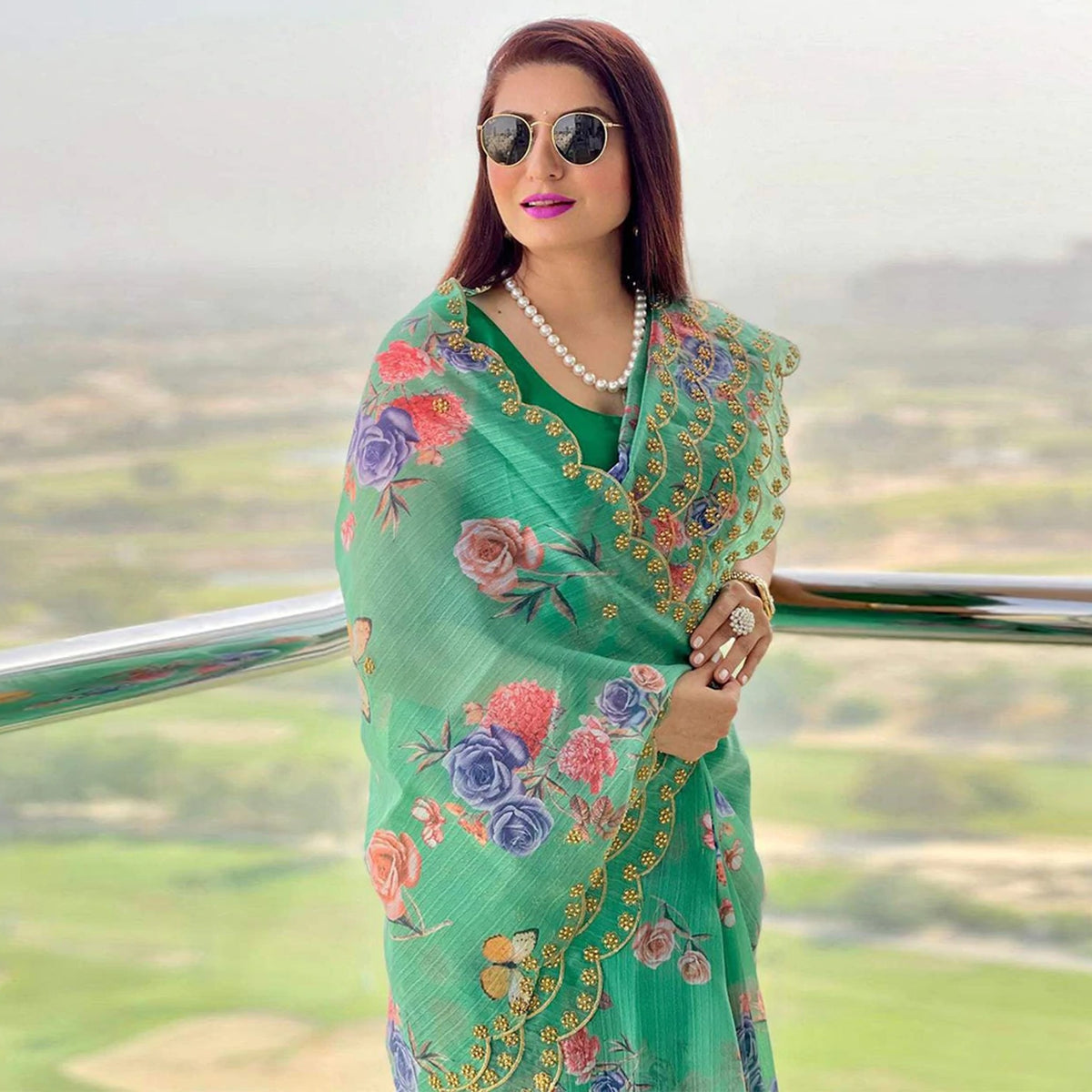 Shopesy Organza Silk Saree with Beautiful Green Floral Digital Print and Silk Blouse for Wedding
