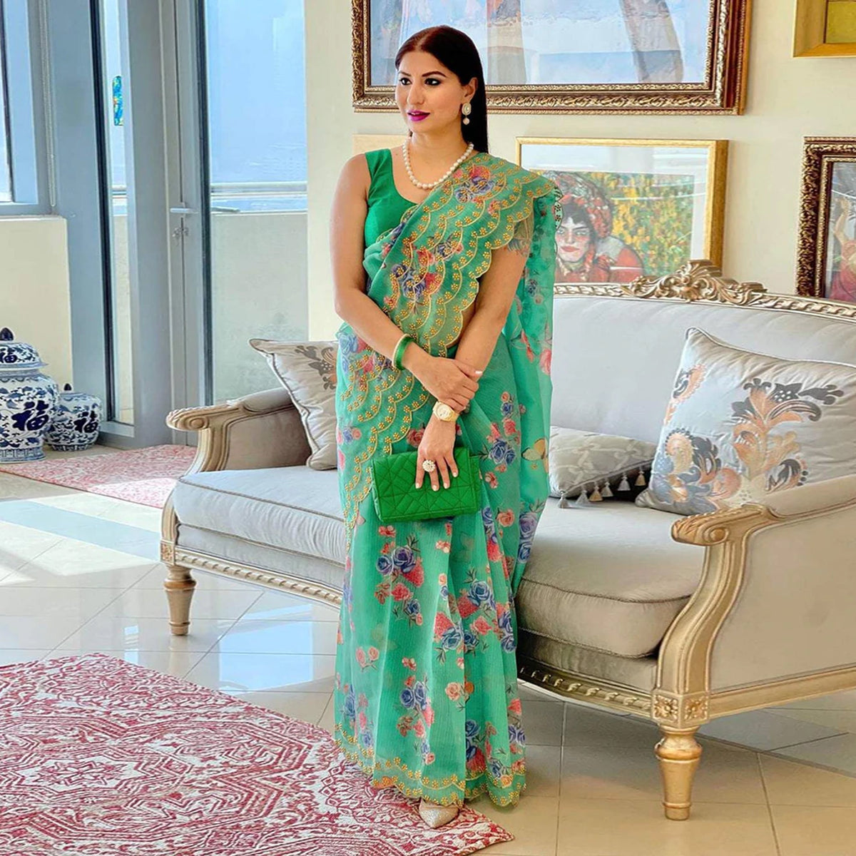 Shopesy Organza Silk Saree with Beautiful Green Floral Digital Print and Silk Blouse for Wedding