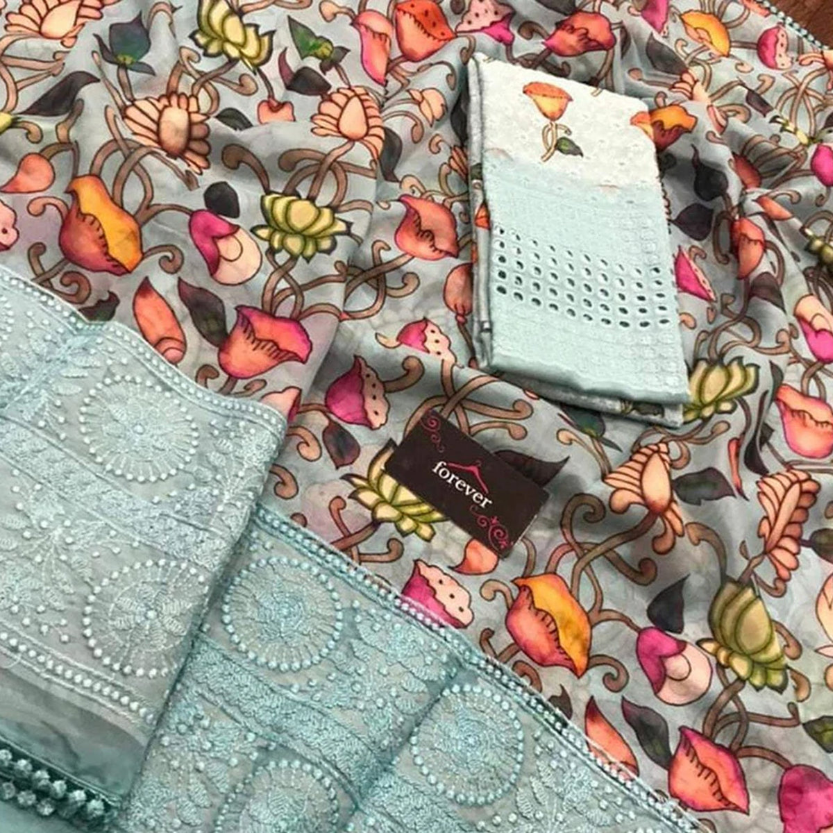 Shopesy Organza Silk Saree with Beautiful Kalamkari Print and Lucknowi Work with Blouse for Wedding