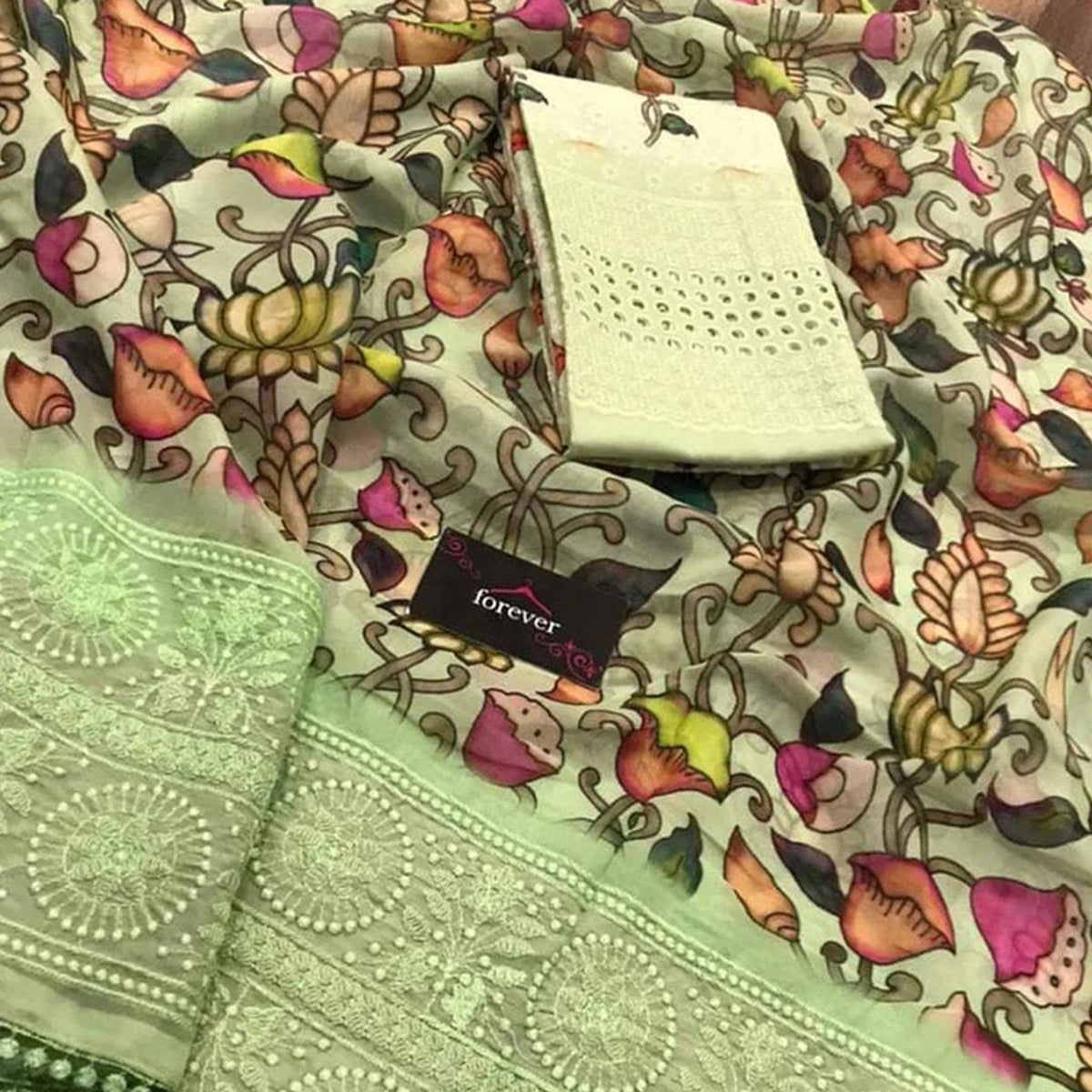 Shopesy Organza Silk Saree with Beautiful Kalamkari Print and Lucknowi Work with Blouse for Wedding