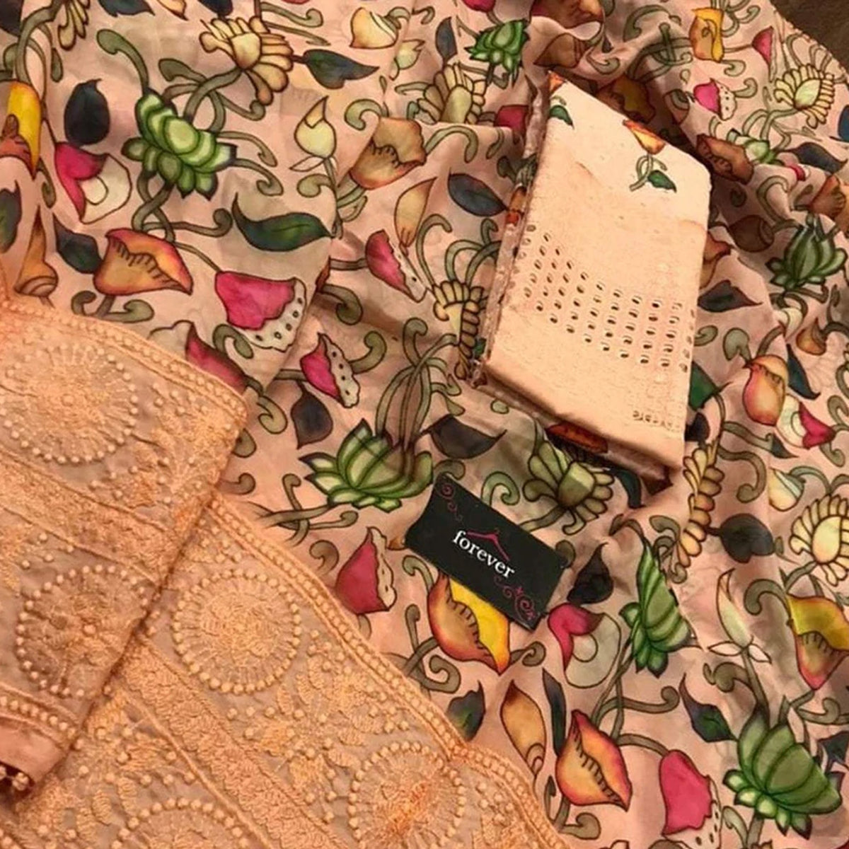Shopesy Organza Silk Saree with Beautiful Kalamkari Print and Lucknowi Work with Blouse for Wedding