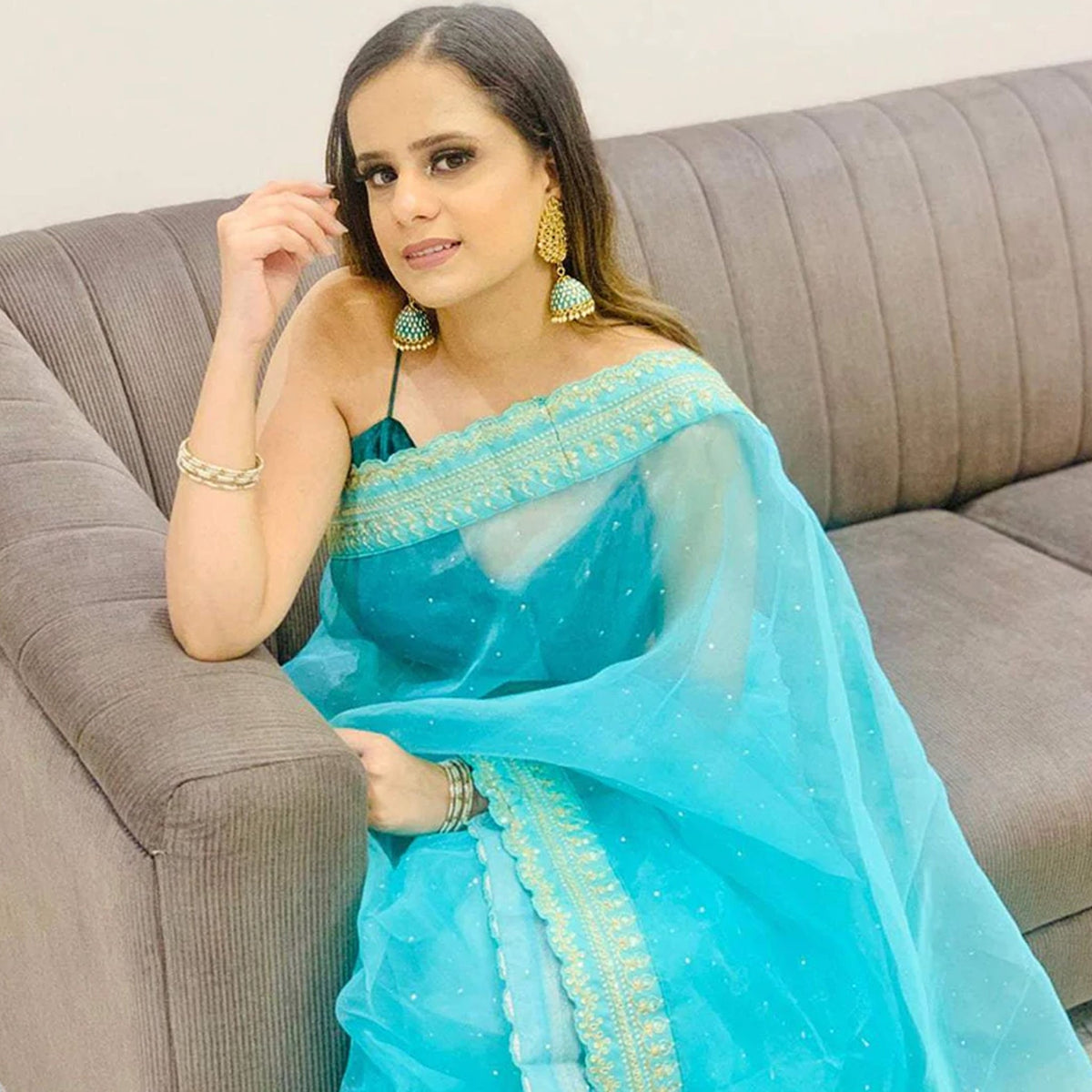 Shopesy Organza Silk Saree with Beautiful Mukesh Work and Sequence Work Silk Blouse for Wedding