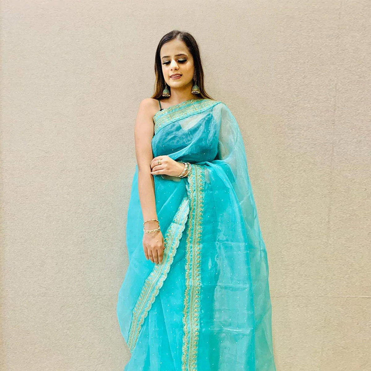 Shopesy Organza Silk Saree with Beautiful Mukesh Work and Sequence Work Silk Blouse for Wedding