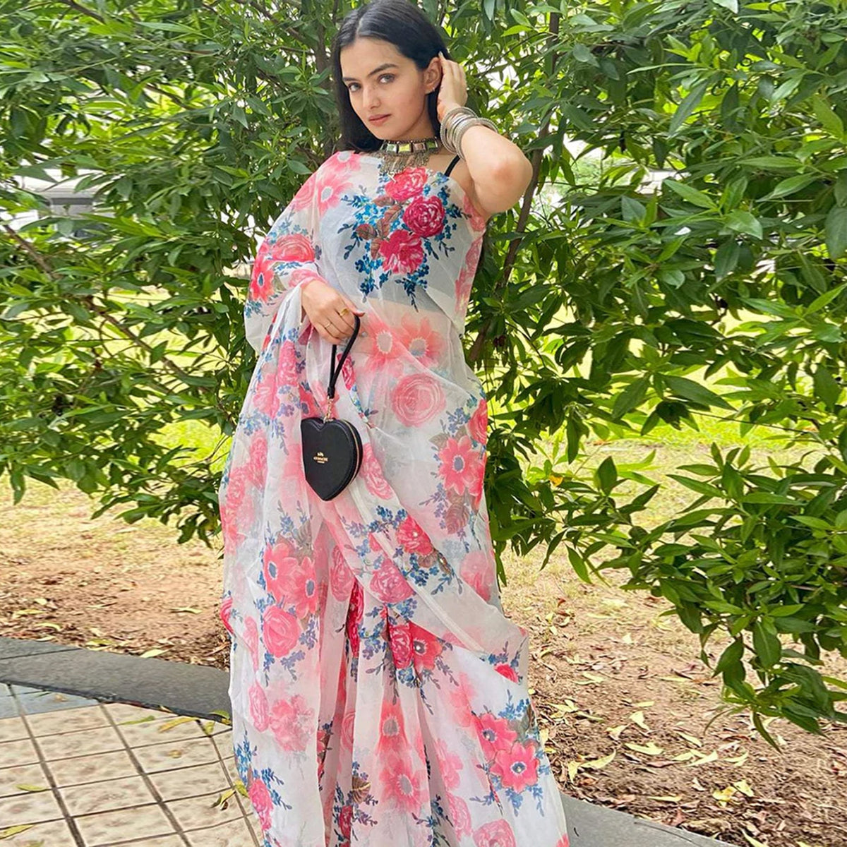 Shopesy Organza Silk Saree with Beautiful Pink Floral Digital Print and Silk Blouse for Wedding