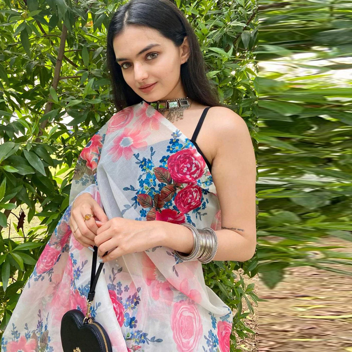 Shopesy Organza Silk Saree with Beautiful Pink Floral Digital Print and Silk Blouse for Wedding