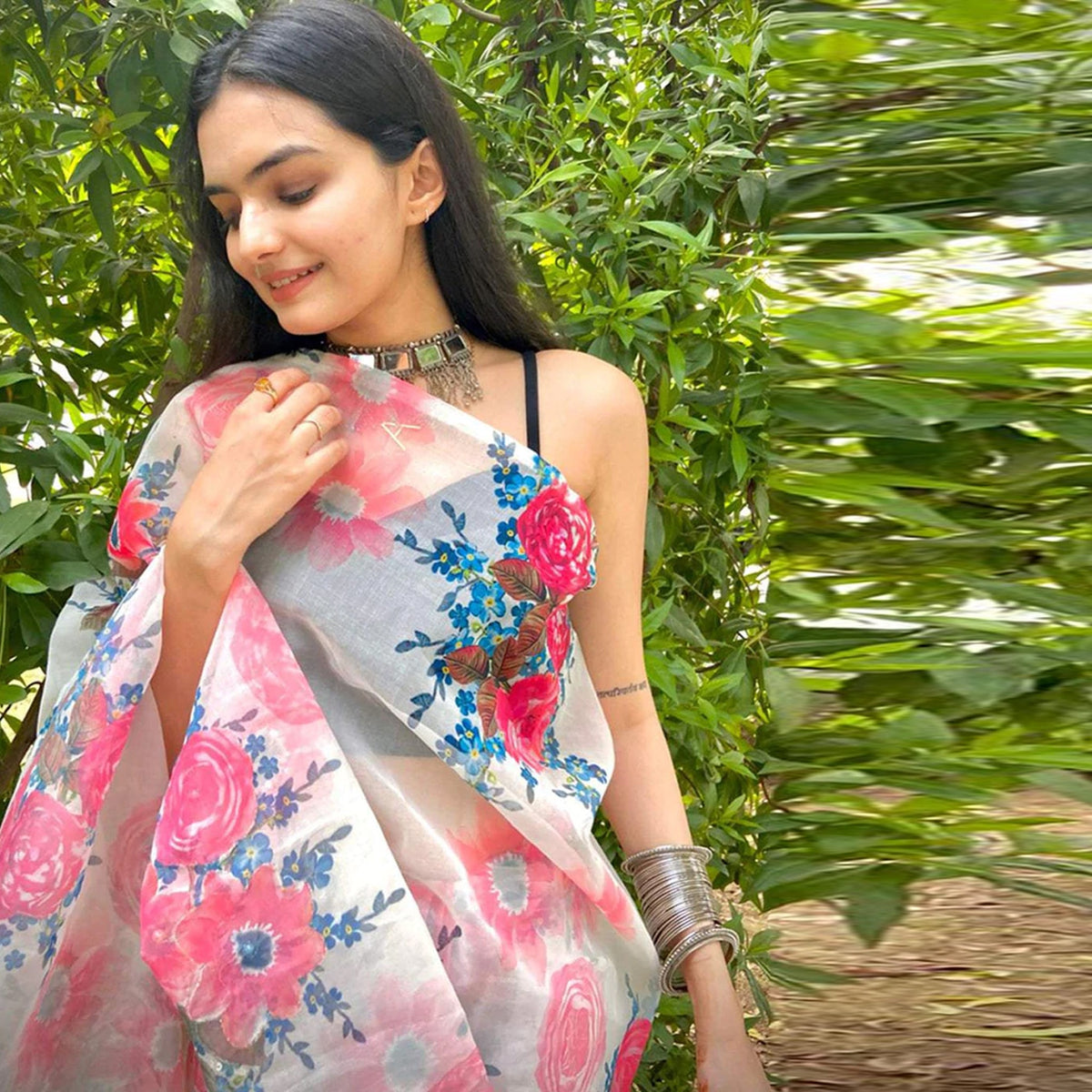 Shopesy Organza Silk Saree with Beautiful Pink Floral Digital Print and Silk Blouse for Wedding