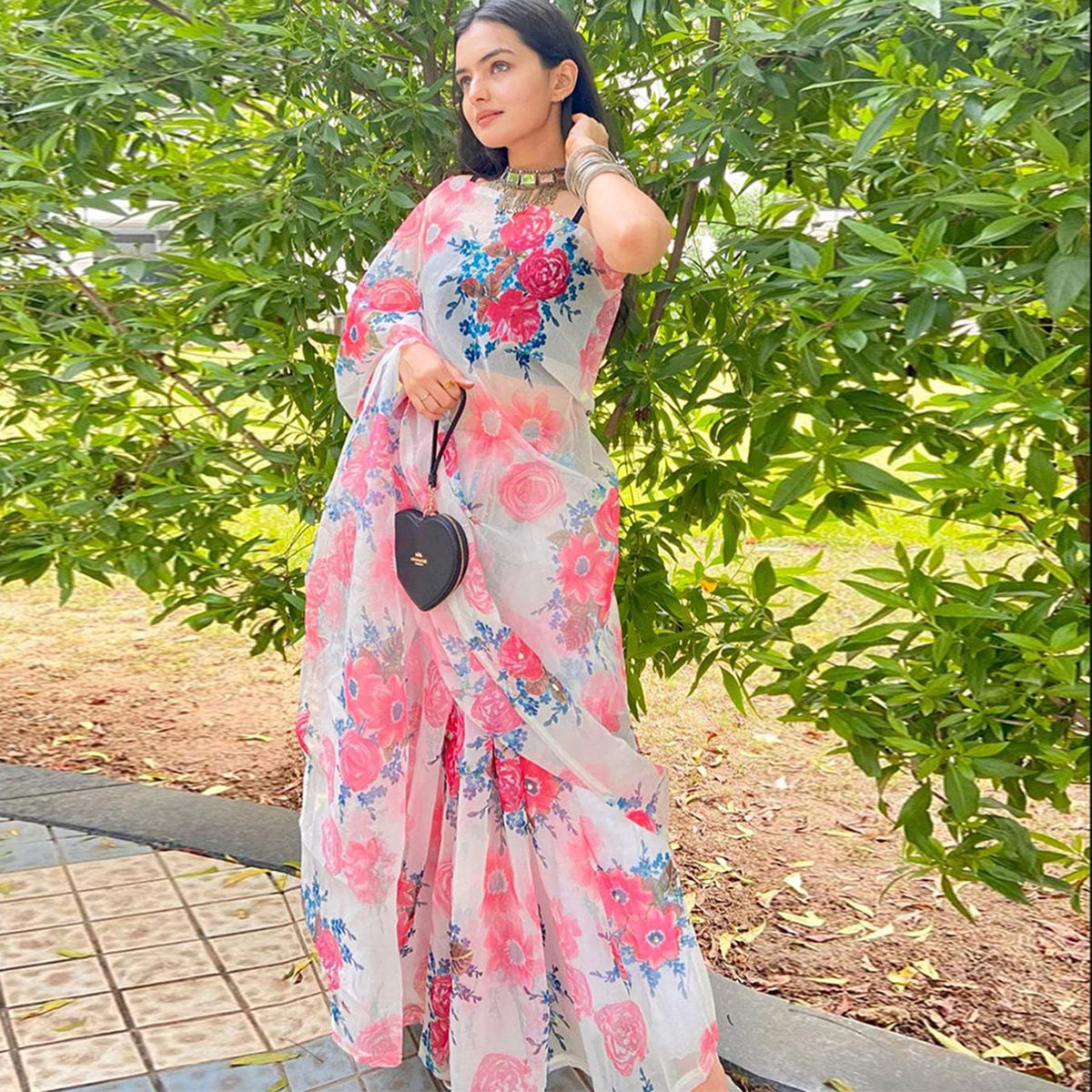 Shopesy Organza Silk Saree with Beautiful Pink Floral Digital Print and Silk Blouse for Wedding
