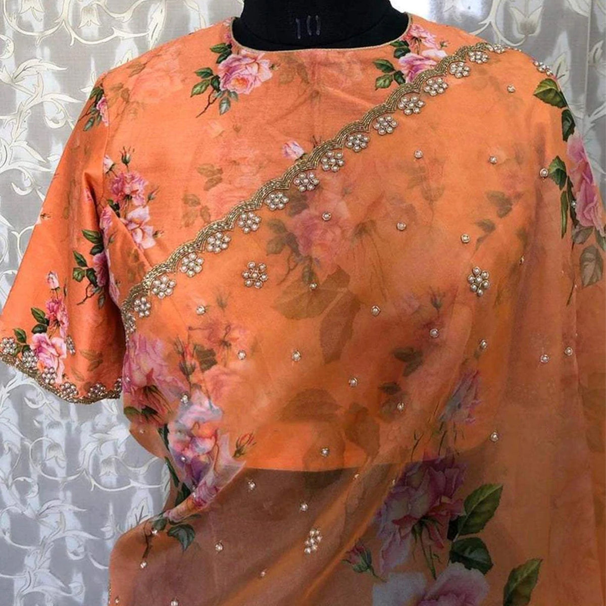 Shopesy Organza Silk Saree with Floral Print and Handcrafted Zardosi Work Bamboo Silk Blouse Material