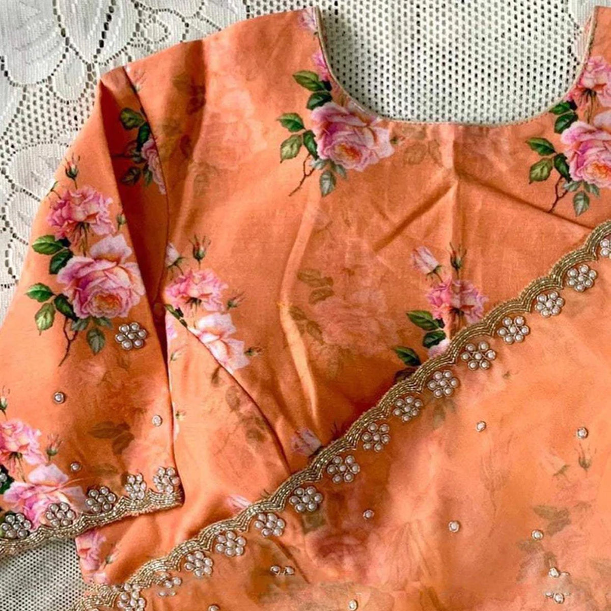 Shopesy Organza Silk Saree with Floral Print and Handcrafted Zardosi Work Bamboo Silk Blouse Material