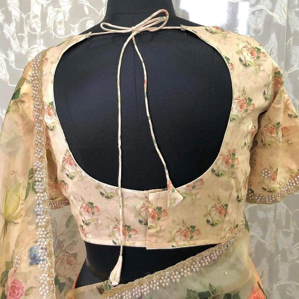 Shopesy Organza Silk Saree with Floral Print and Handcrafted Zardosi Work Bamboo Silk Blouse Material