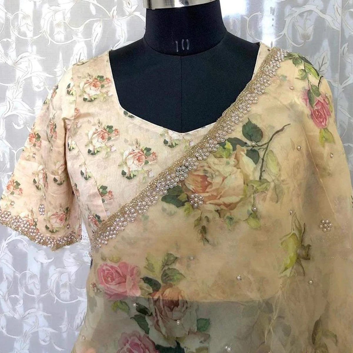 Shopesy Organza Silk Saree with Floral Print and Handcrafted Zardosi Work Bamboo Silk Blouse Material