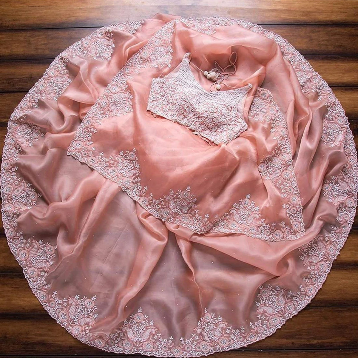 Shopesy Peach Organza Silk Saree with Sequins and Thread Work