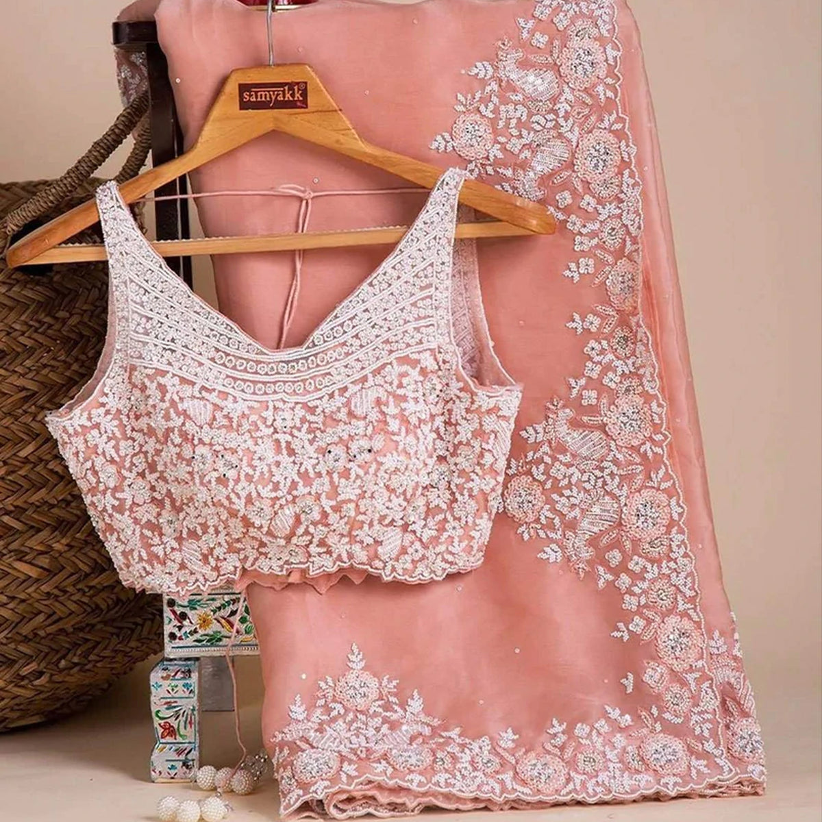 Shopesy Peach Organza Silk Saree with Sequins and Thread Work