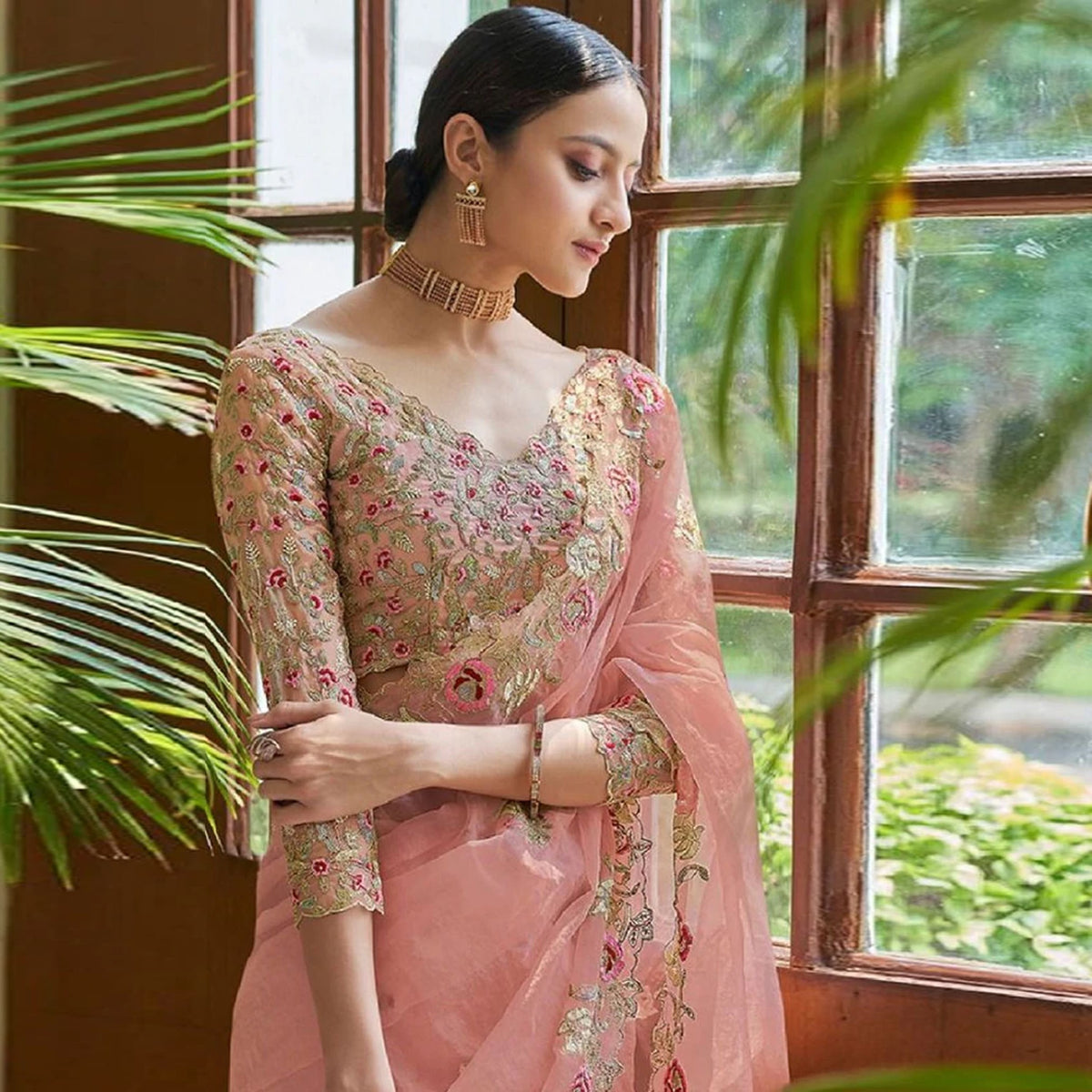 Shopesy Peach Organza Silk Saree with Sequins, Zari and Thread Embroidery