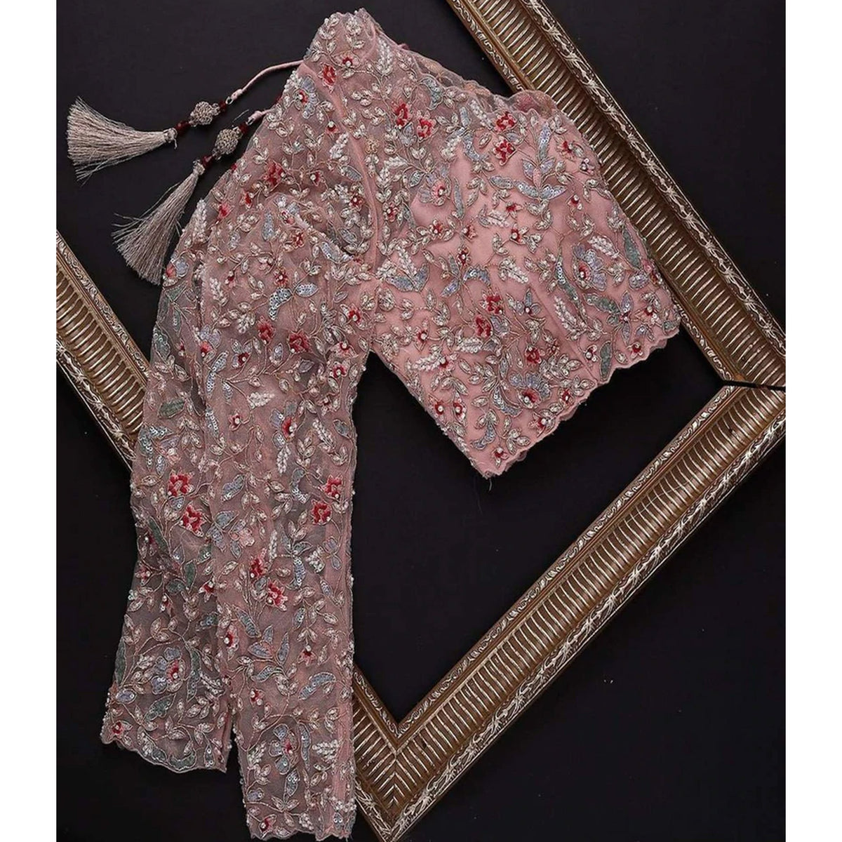 Shopesy Peach Organza Silk Saree with Sequins, Zari and Thread Embroidery