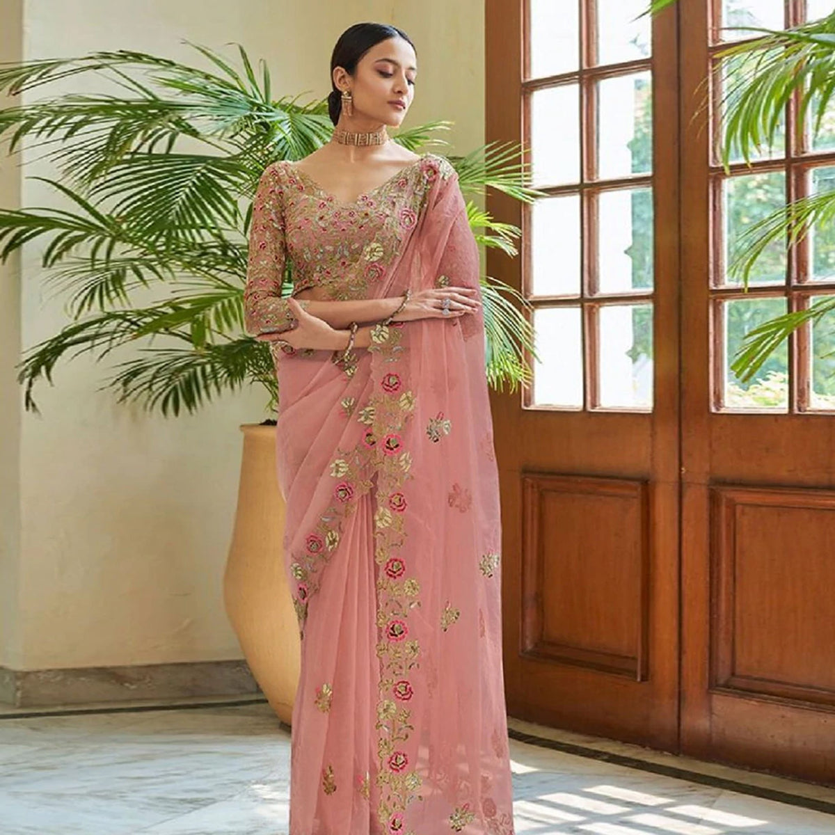 Shopesy Peach Organza Silk Saree with Sequins, Zari and Thread Embroidery