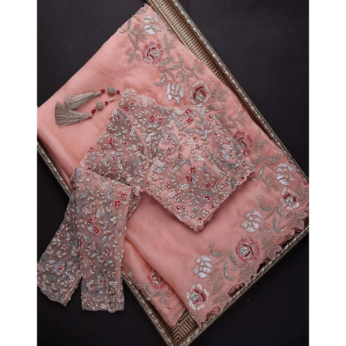 Shopesy Peach Organza Silk Saree with Sequins, Zari and Thread Embroidery