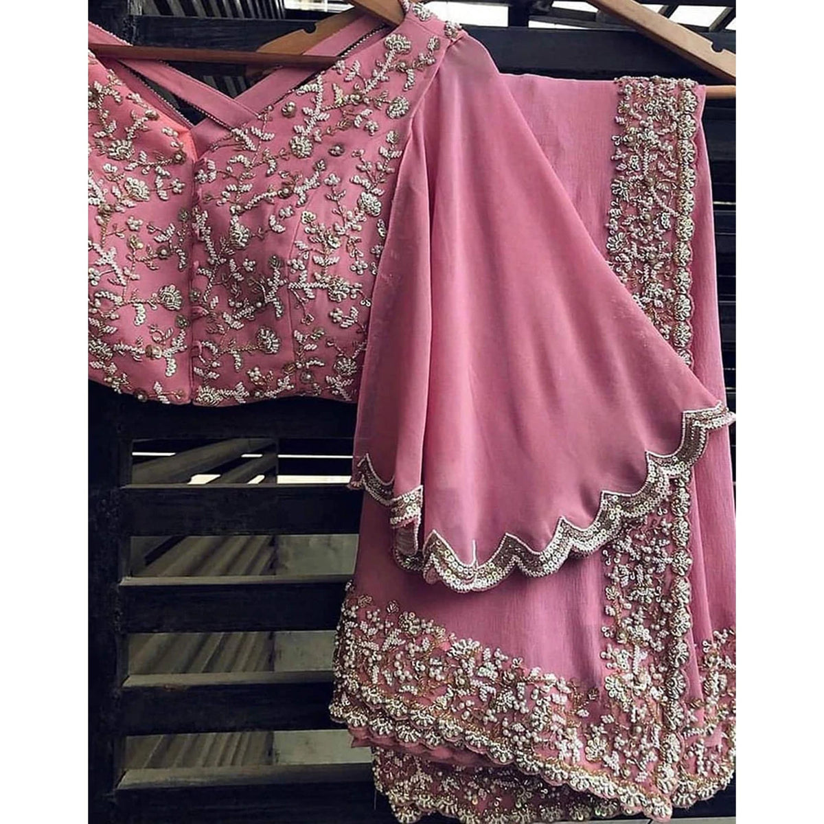Shopesy Pink Georgette Designer Saree with Resham Sequence and Pearl Work