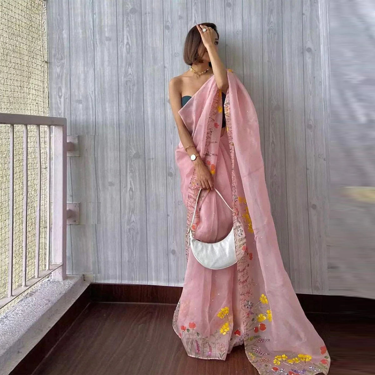 Shopesy Pink Organza Silk Saree with Beautiful Floral Handprint Karanda Handwork Tikki Plain Blouse for Wedding