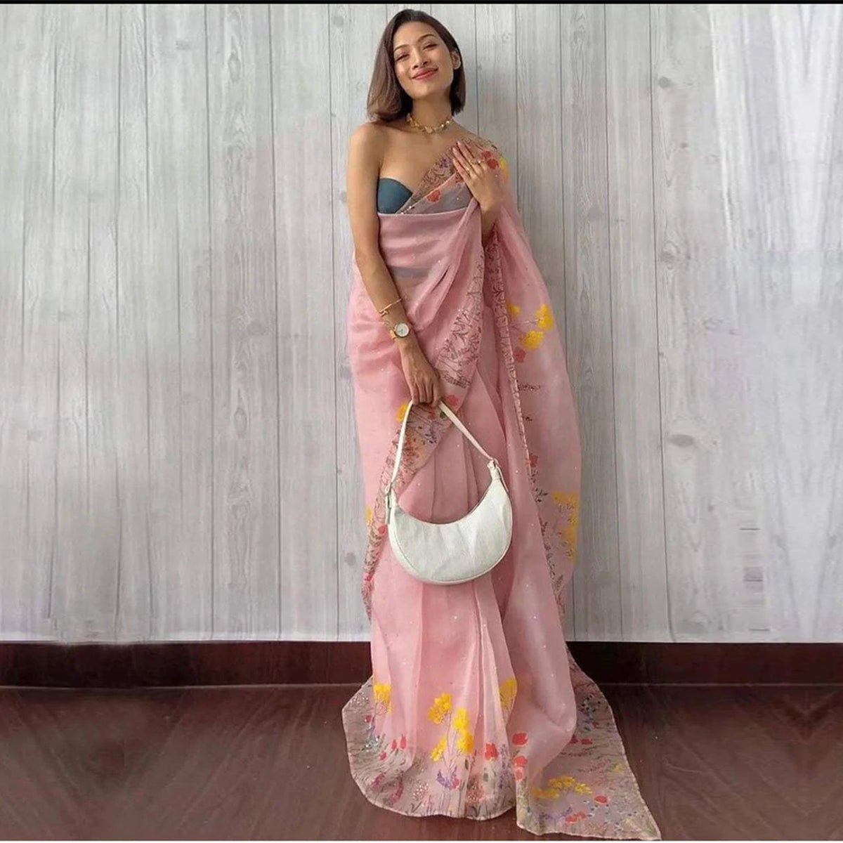 Shopesy Pink Organza Silk Saree with Beautiful Floral Handprint Karanda Handwork Tikki Plain Blouse for Wedding