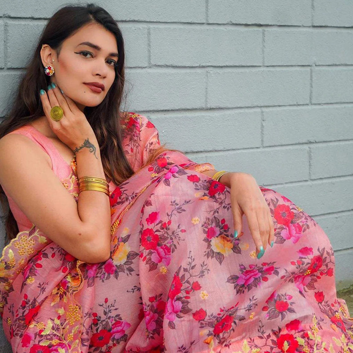 Shopesy Pink Organza Silk Saree with Beautiful Handprint with Golden Embroidery Pearl Touch ups and Silk Blouse for Wedding