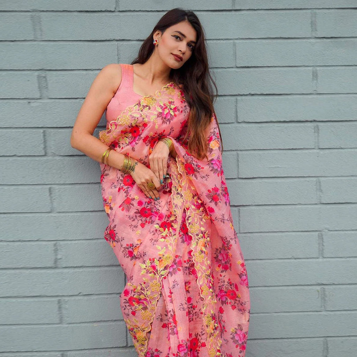 Shopesy Pink Organza Silk Saree with Beautiful Handprint with Golden Embroidery Pearl Touch ups and Silk Blouse for Wedding