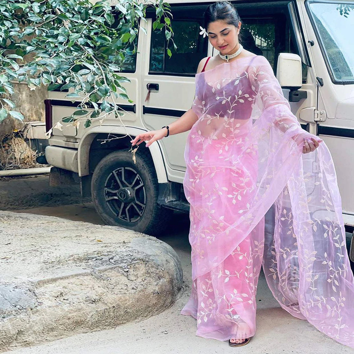 Shopesy Pink Organza Silk Saree with Beautiful Sequence Work and Silk Blouse for Wedding