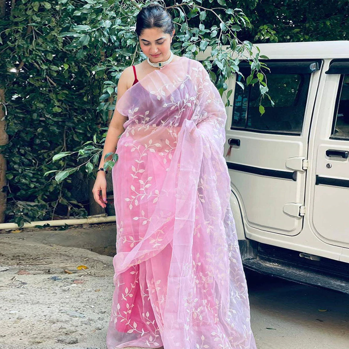 Shopesy Pink Organza Silk Saree with Beautiful Sequence Work and Silk Blouse for Wedding