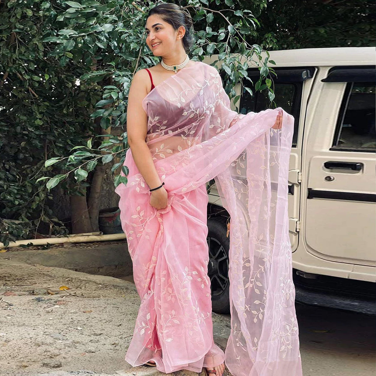 Shopesy Pink Organza Silk Saree with Beautiful Sequence Work and Silk Blouse for Wedding