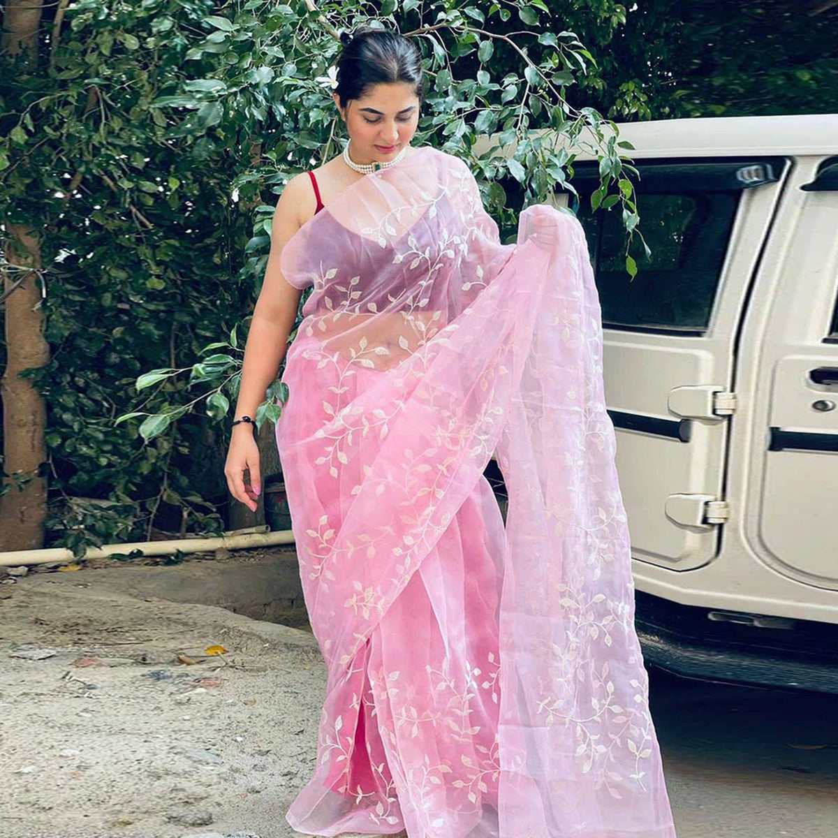 Shopesy Pink Organza Silk Saree with Beautiful Sequence Work and Silk Blouse for Wedding