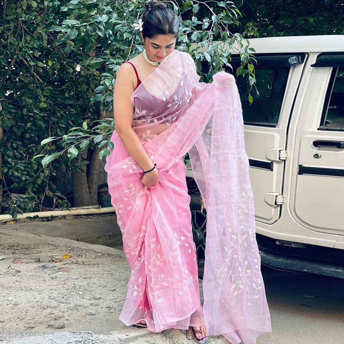 Shopesy Pink Organza Silk Saree with Beautiful Sequence Work and Silk Blouse for Wedding