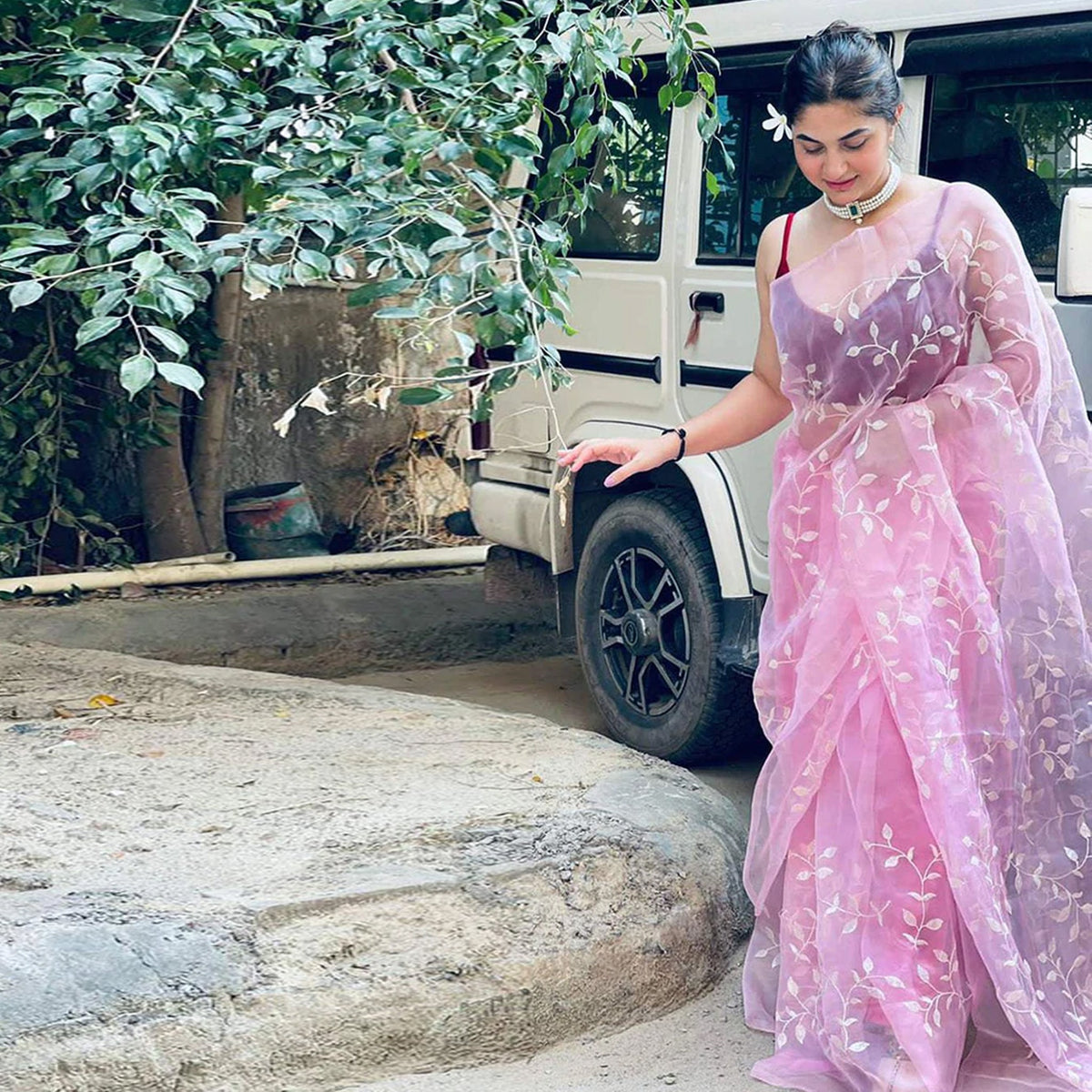 Shopesy Pink Organza Silk Saree with Beautiful Sequence Work and Silk Blouse for Wedding