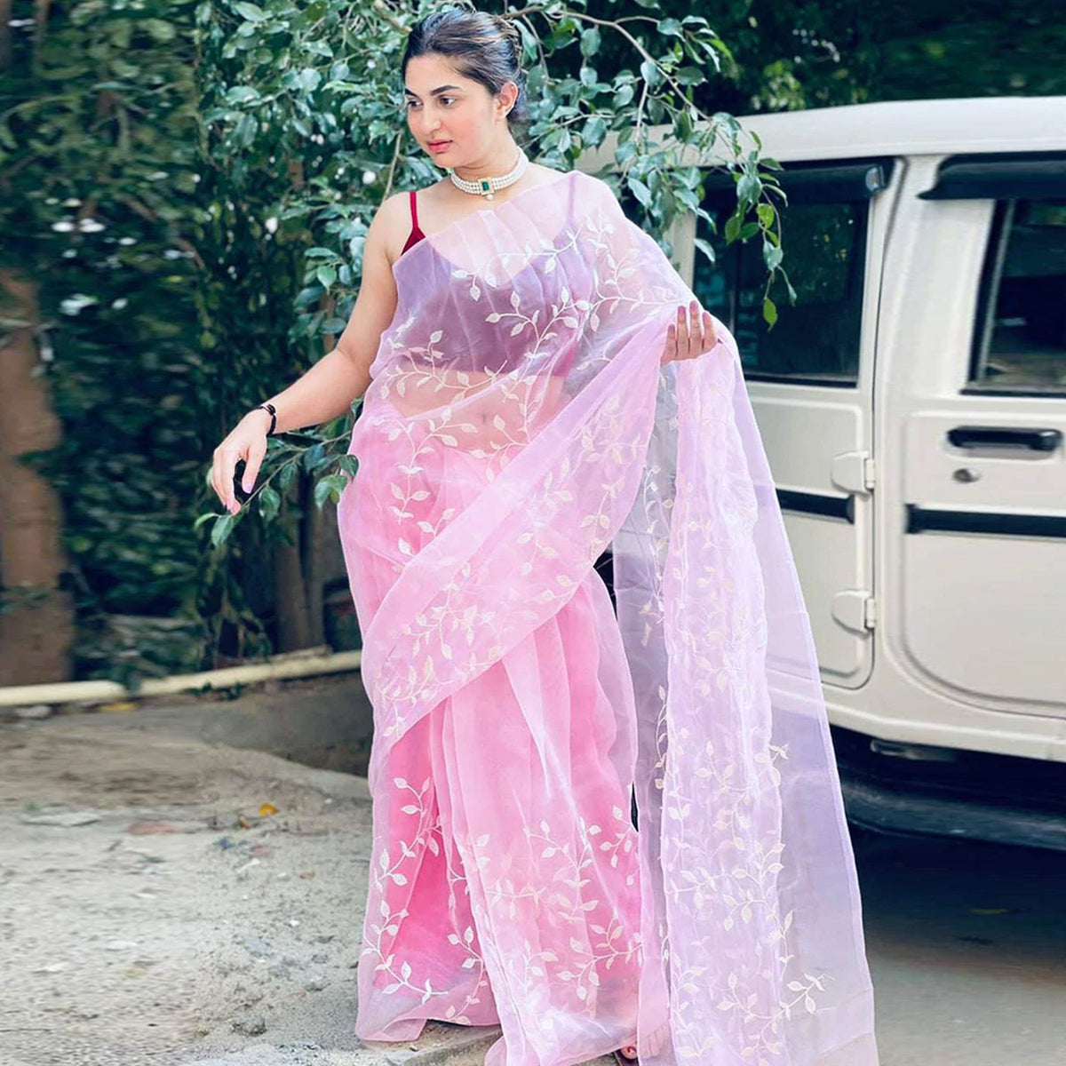 Shopesy Pink Organza Silk Saree with Beautiful Sequence Work and Silk Blouse for Wedding