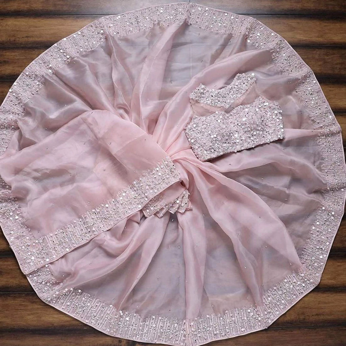 Shopesy Pink Organza Silk Saree with Embroidery and Mirror Work