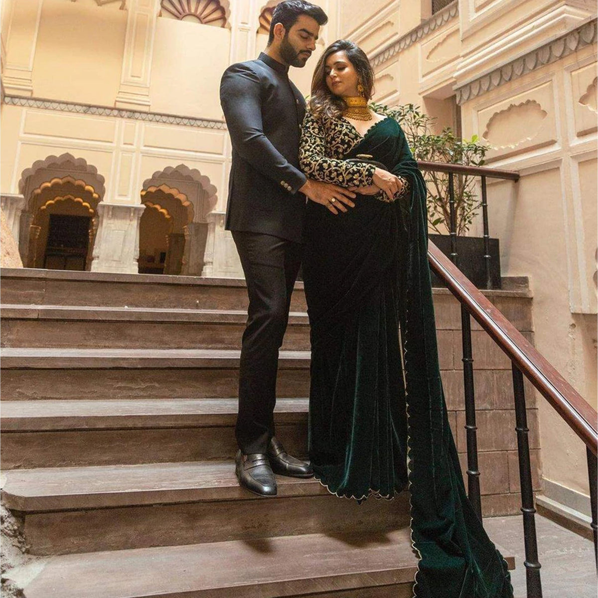 Shopesy Pure Velvet Designer Green Saree with Heavy Embroidery Work Unstitched Blouse