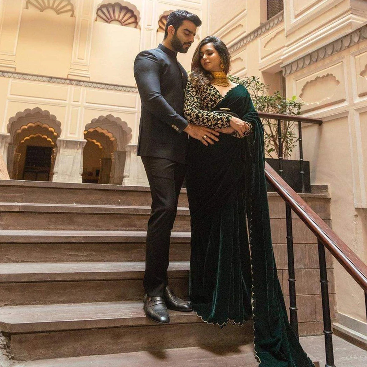 Shopesy Pure Velvet Designer Green Saree with Heavy Embroidery Work Unstitched Blouse
