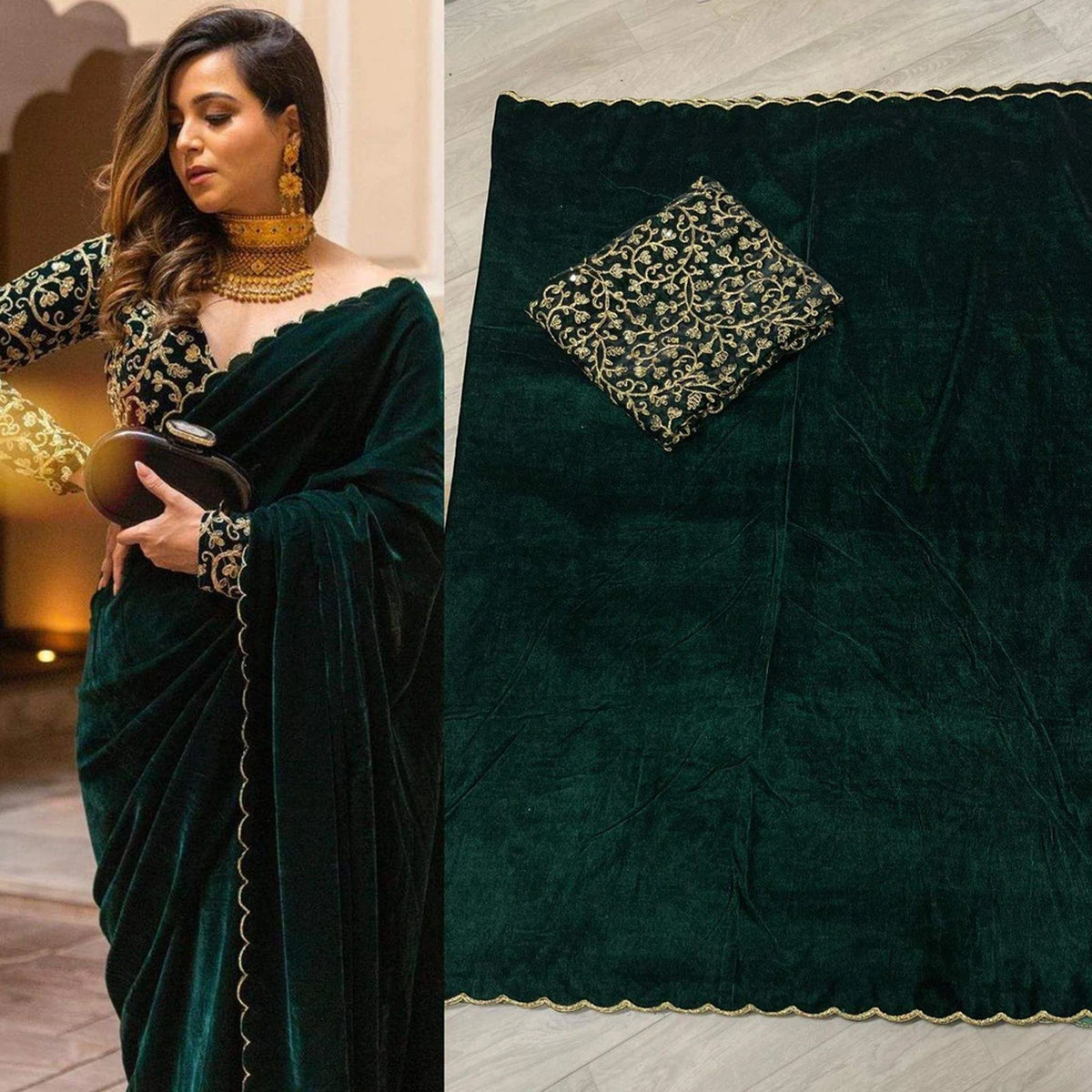 Shopesy Pure Velvet Designer Green Saree with Heavy Embroidery Work Unstitched Blouse