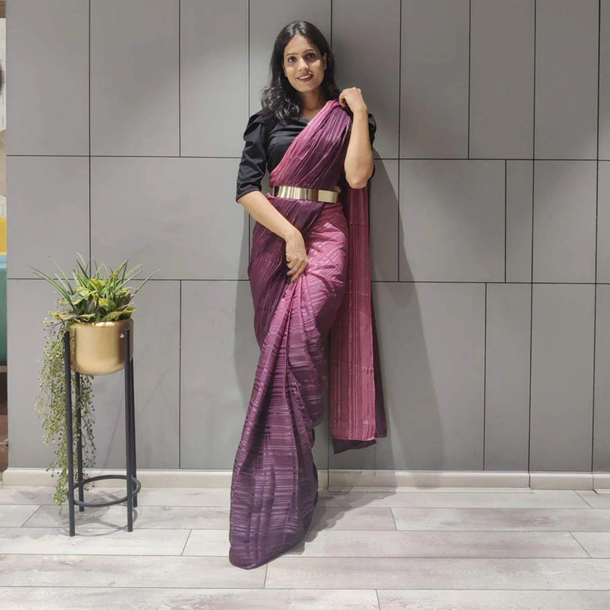 Shopesy Ready to Wear Chiffon Saree with Metal Belt